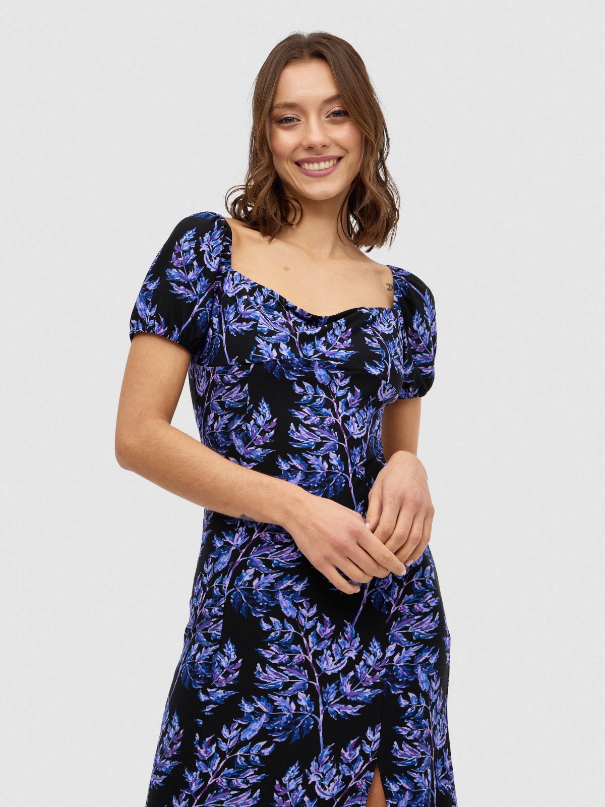 Leaf-print thigh split midi dress indigo blue detail view