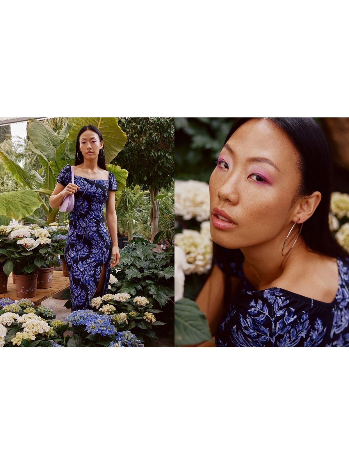 %NewExtra% Leaf-print thigh split midi dress indigo blue