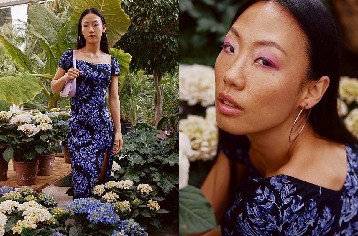 Leaf-print thigh split midi dress indigo blue middle front view