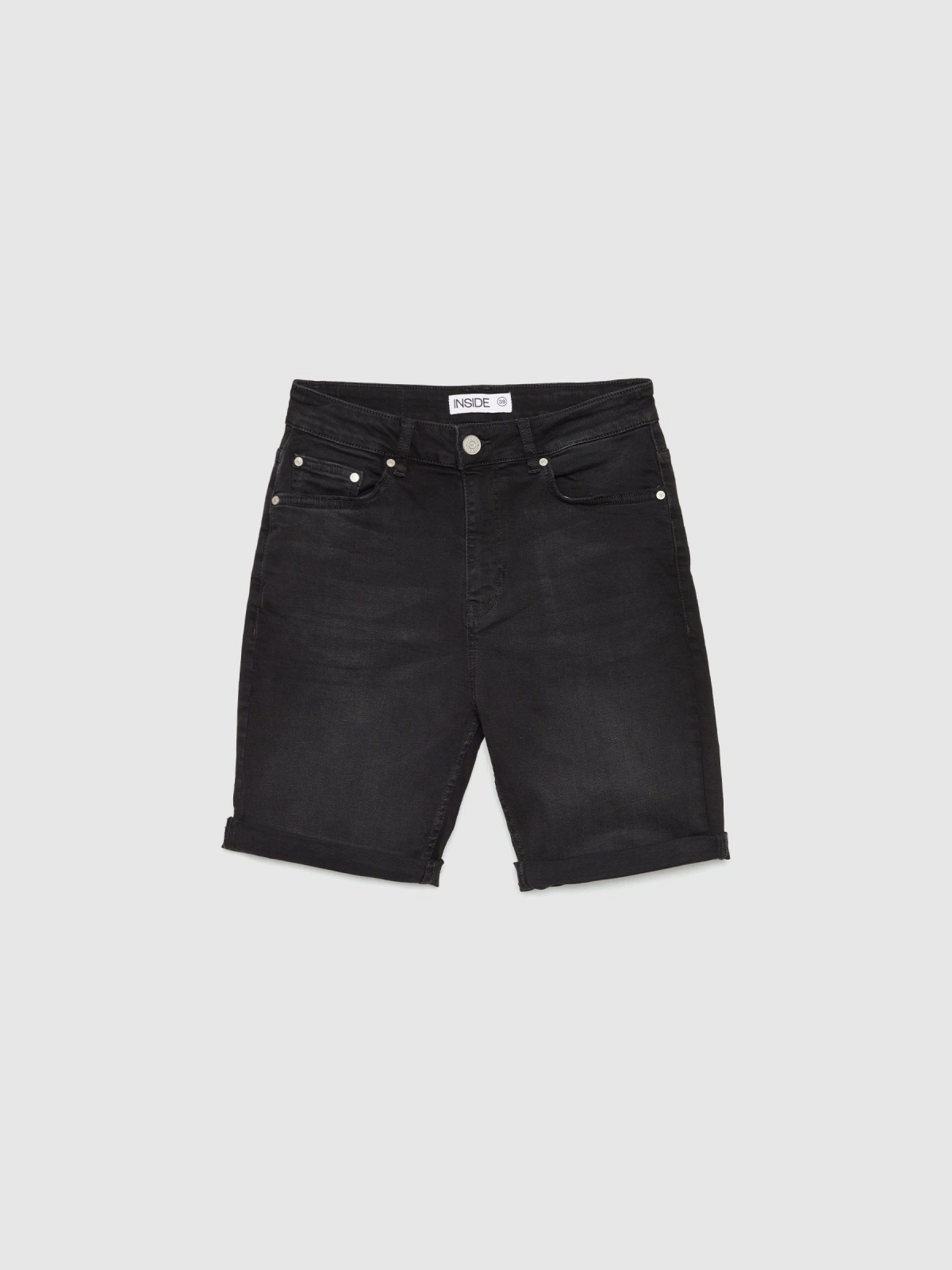 Bermudas slim de ganga preta preto vista detalhe frontal