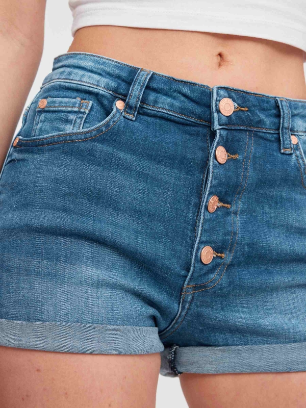 Denim high rise shorts blue detail view