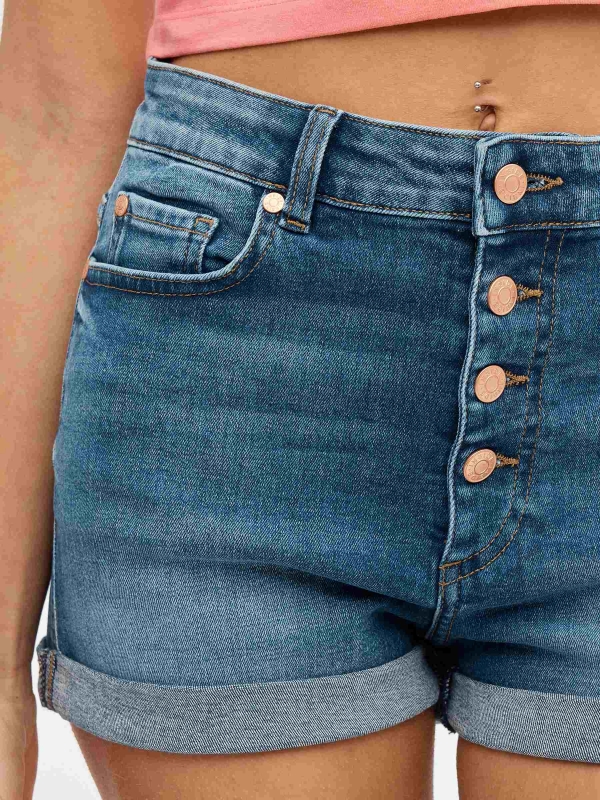 Denim high rise shorts blue detail view