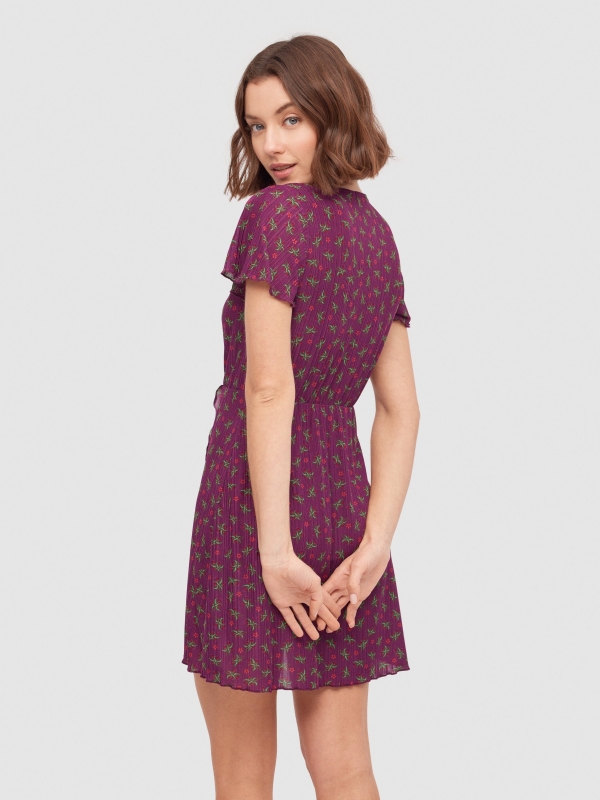 Floral print V-neck mini dress aubergine middle back view