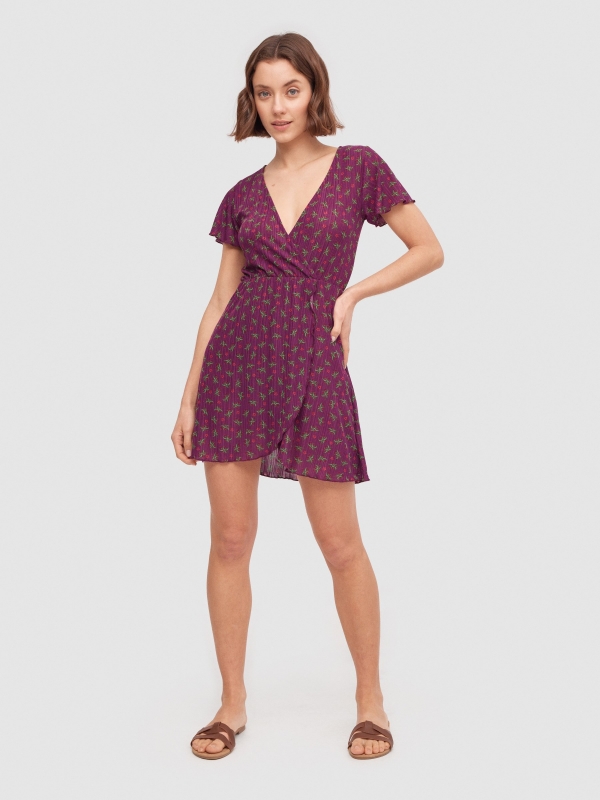 Floral print V-neck mini dress aubergine front view