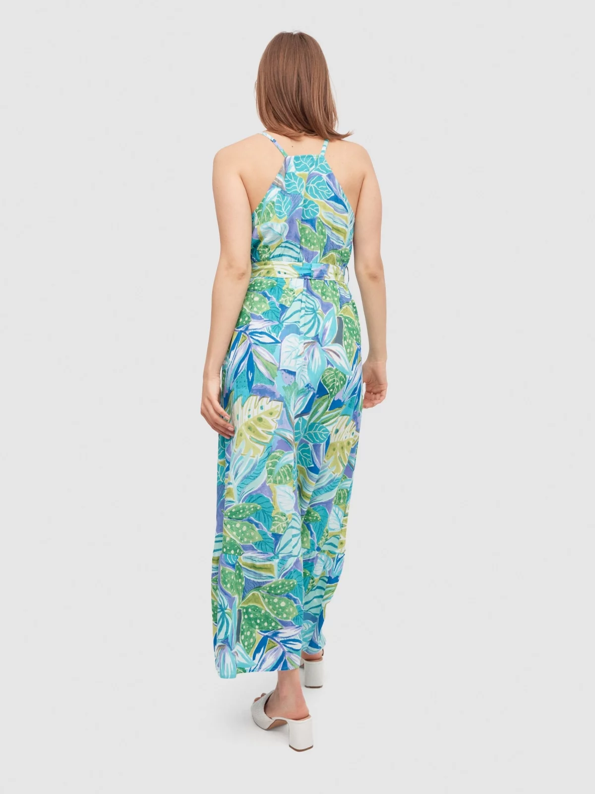 Leaf-print Halter maxi dress blue middle back view