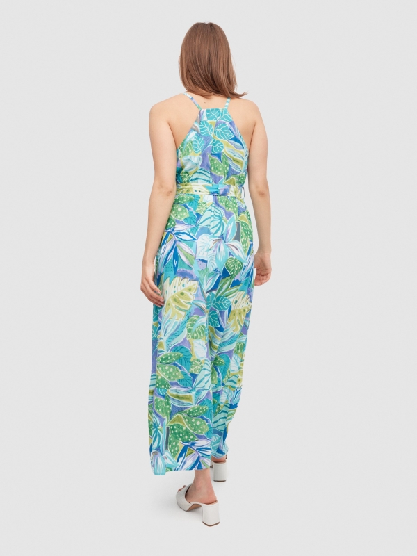 Vestido maxi gola halter folhas azul vista meia traseira