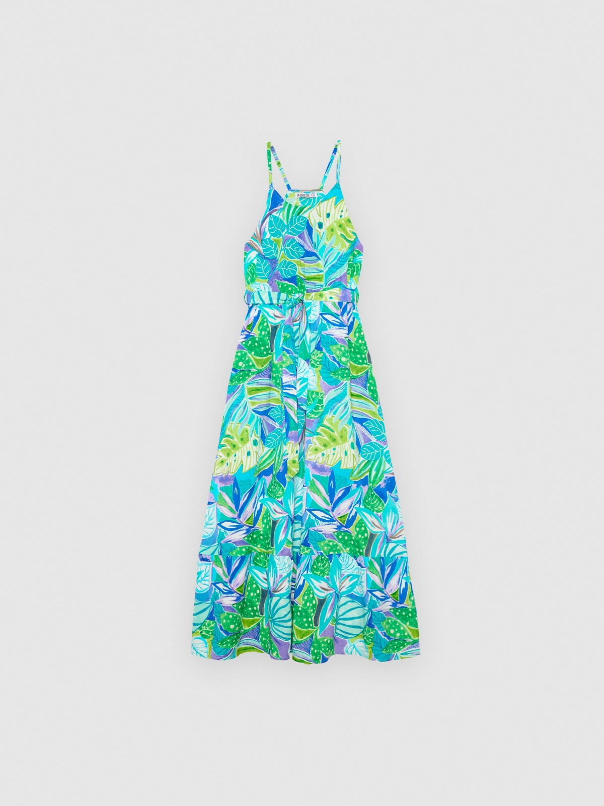  Leaf-print Halter maxi dress blue