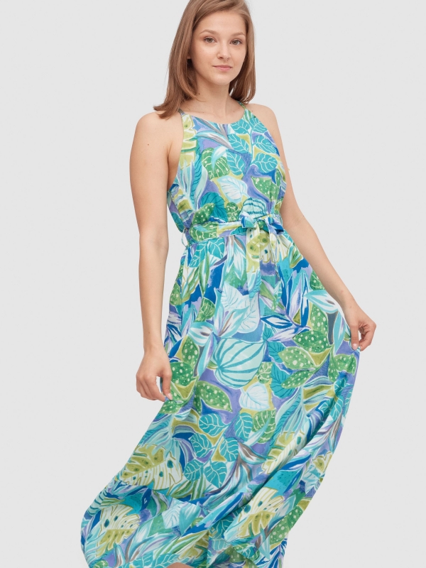 Leaf-print Halter maxi dress blue detail view