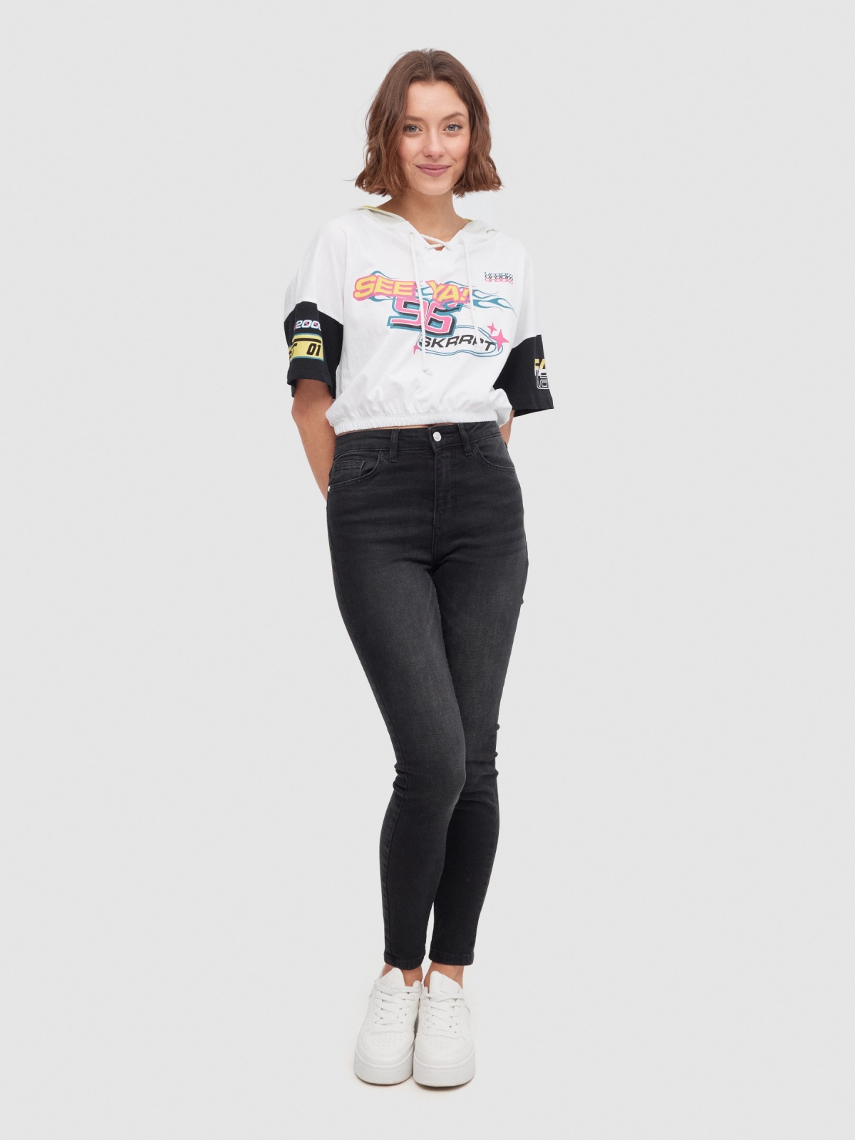 Racing T-shirt with hood multicolor front view