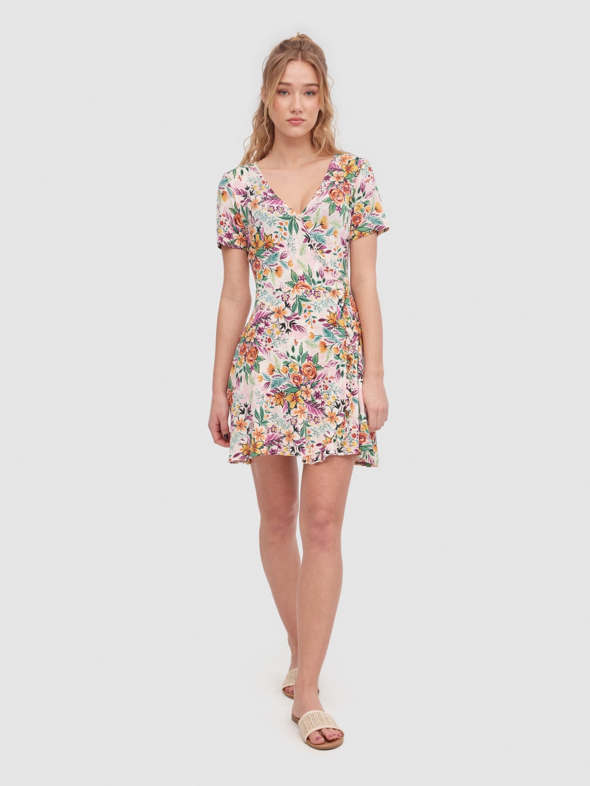 Floral crossover neckline mini dress multicolor front view