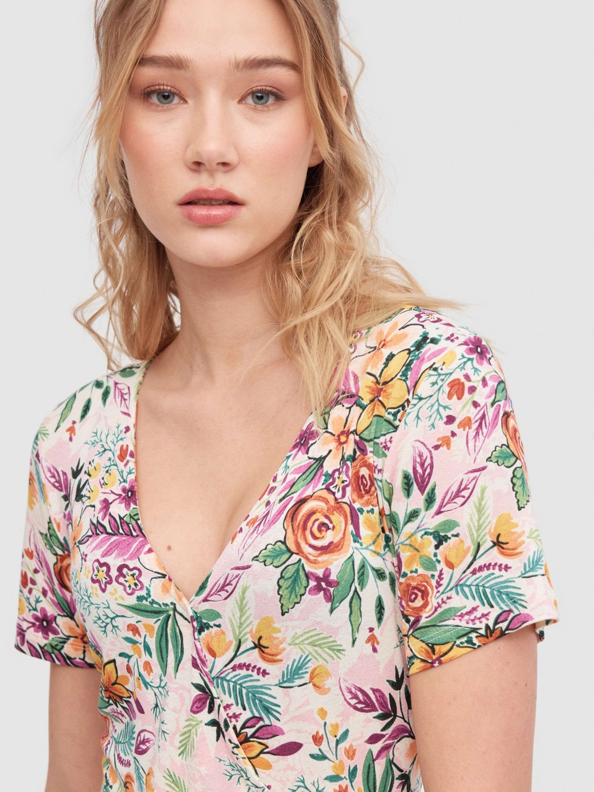 Floral crossover neckline mini dress multicolor detail view