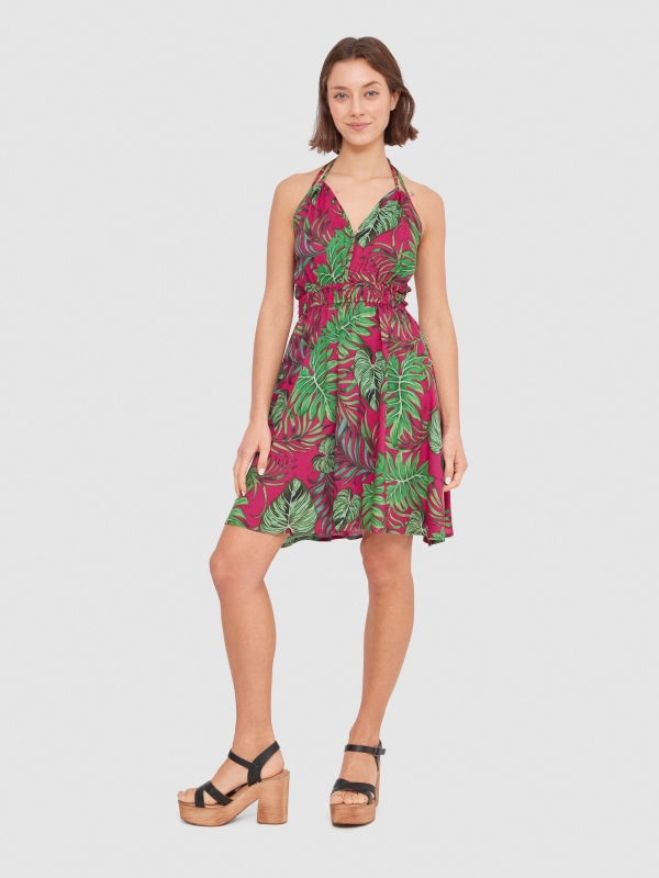 Tropical print halter minidress multicolor general front view