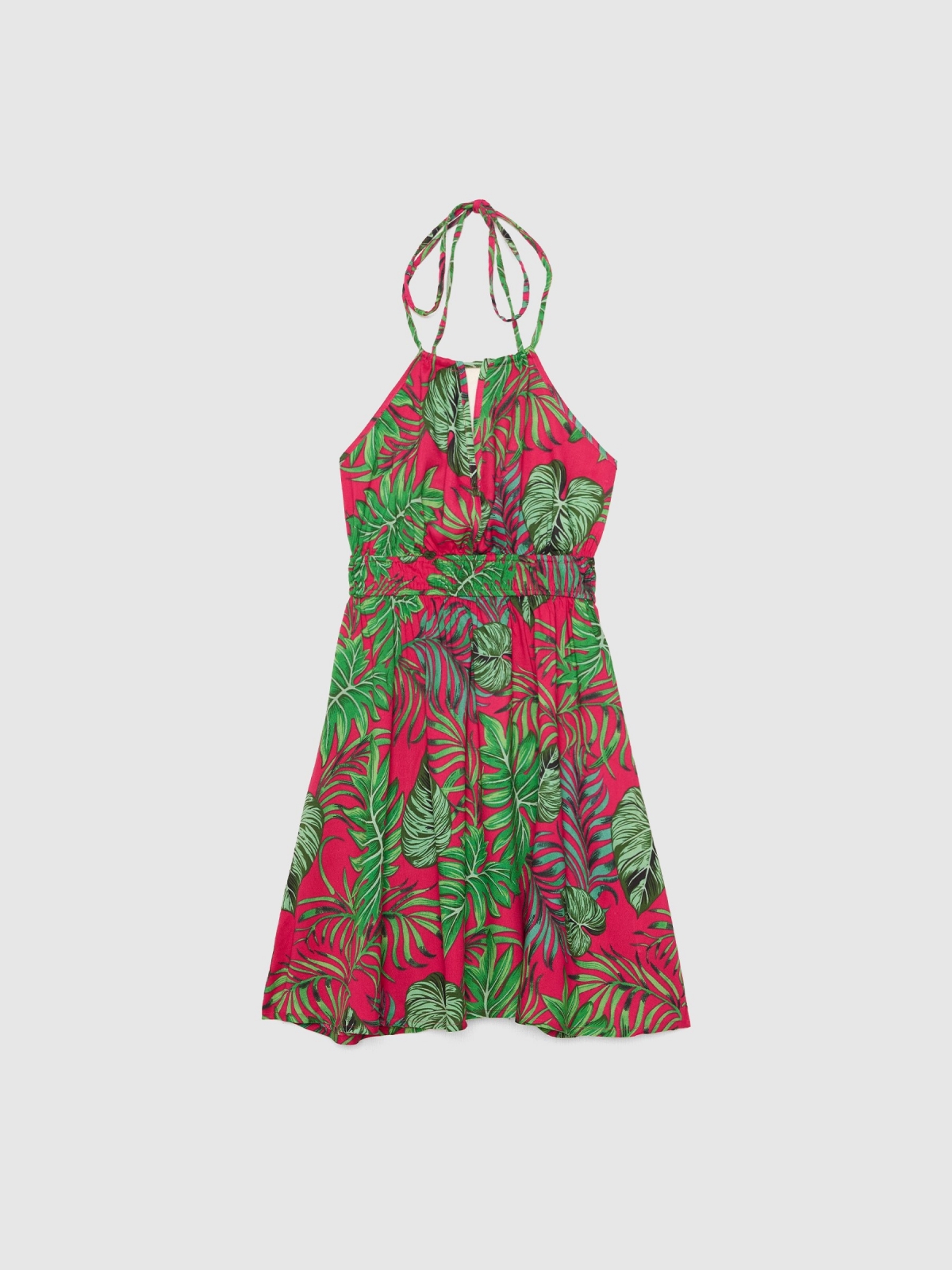 Tropical print halter minidress multicolor front detail view