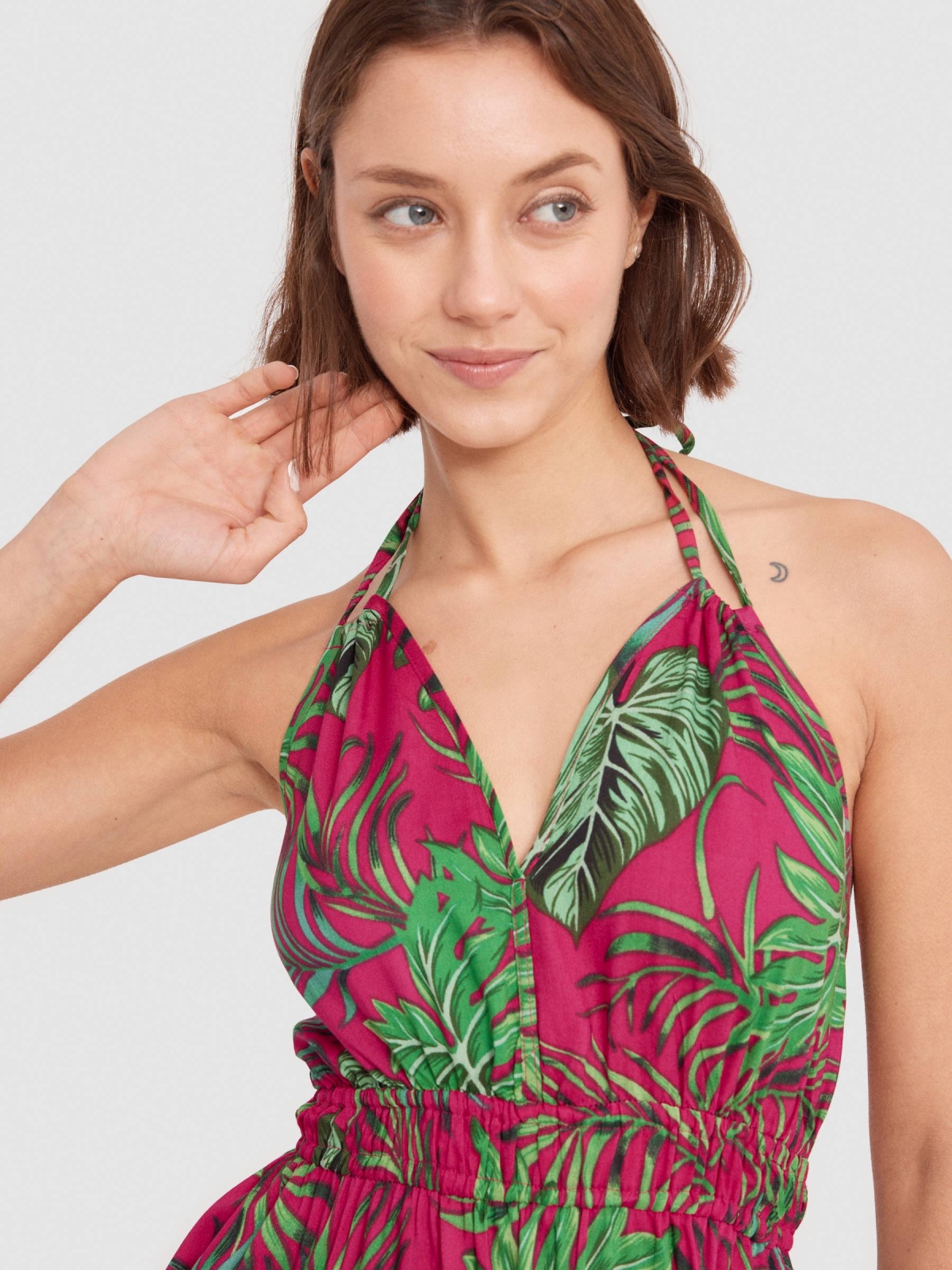 Tropical print halter minidress multicolor back detail view