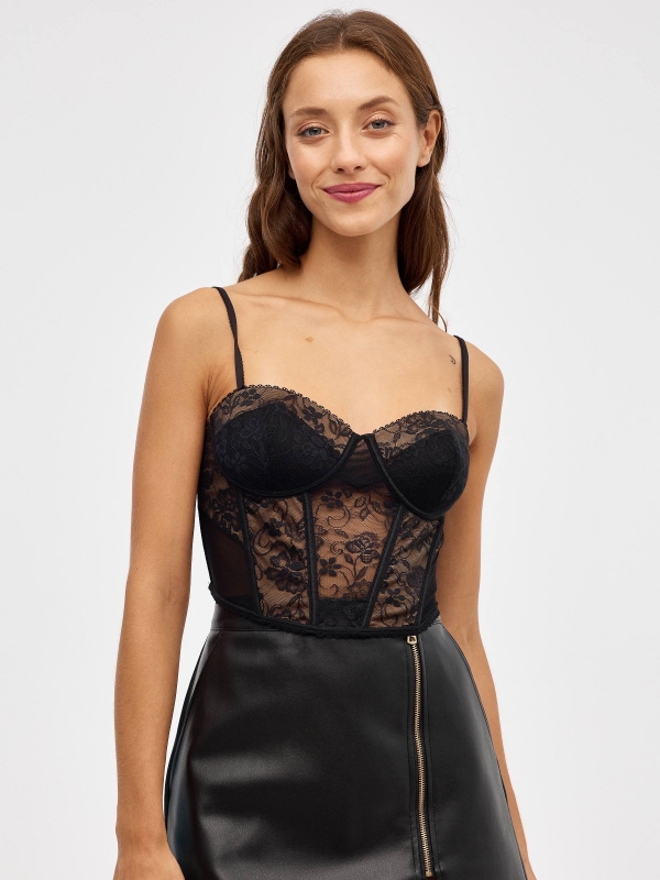 Corset top with lace black middle front view