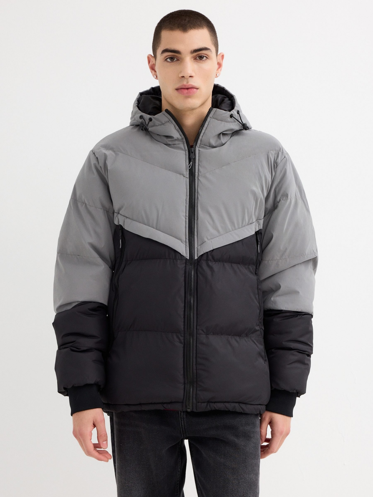 Two-tone padded jacket with hood black middle front view