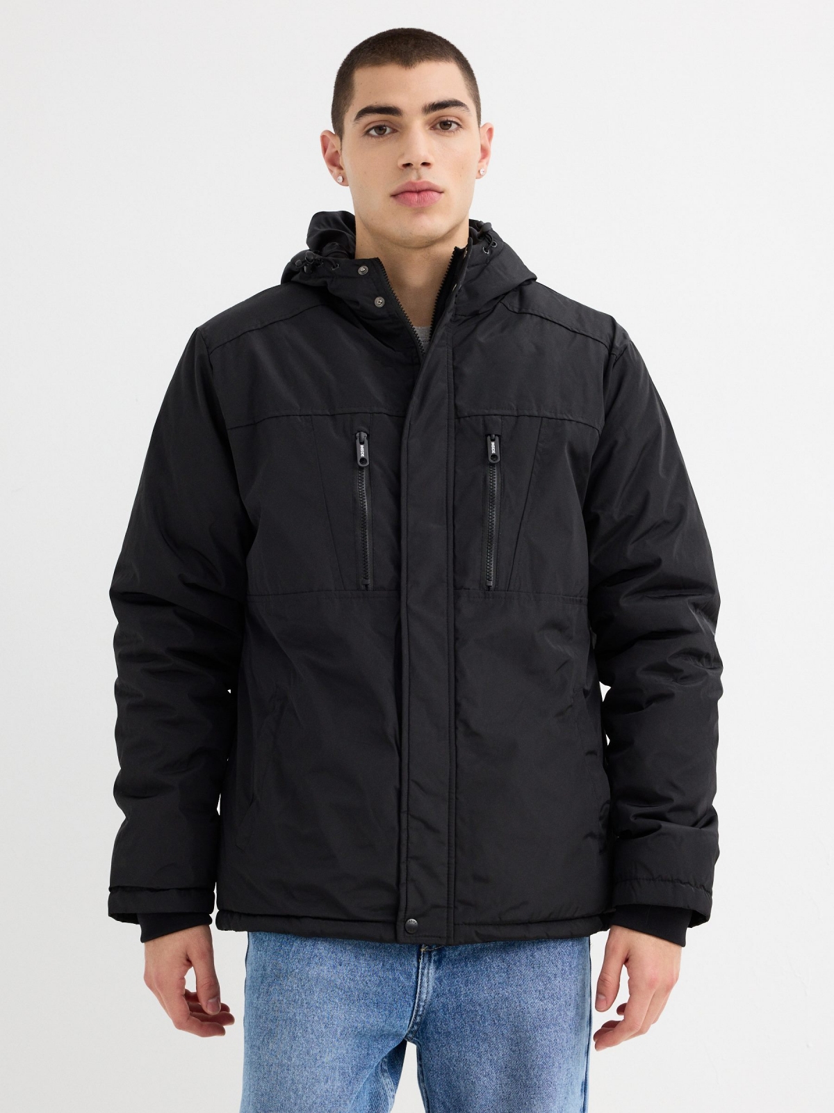 Hooded black parka black middle front view