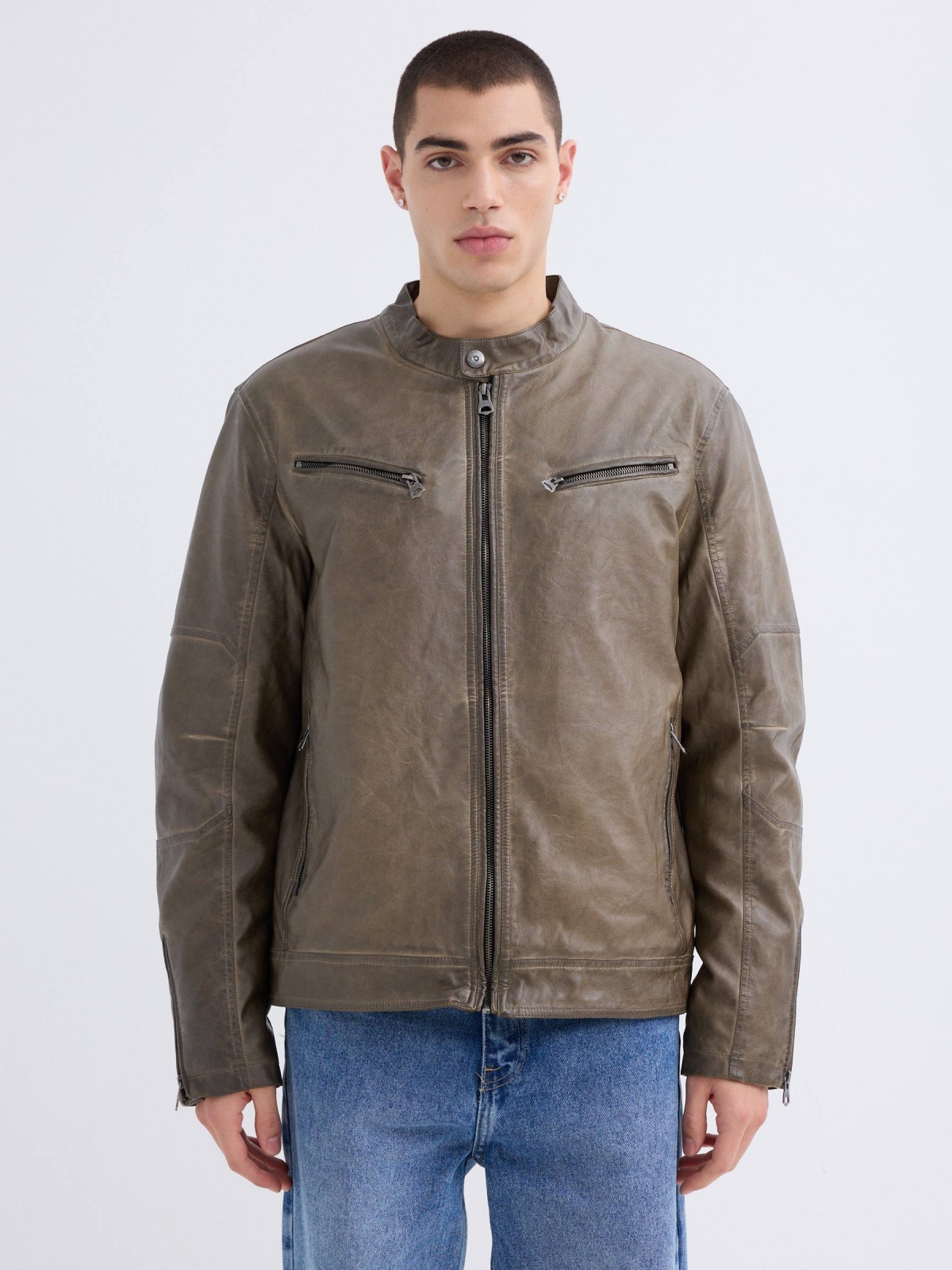 Leather effect jacket with zips brown middle front view