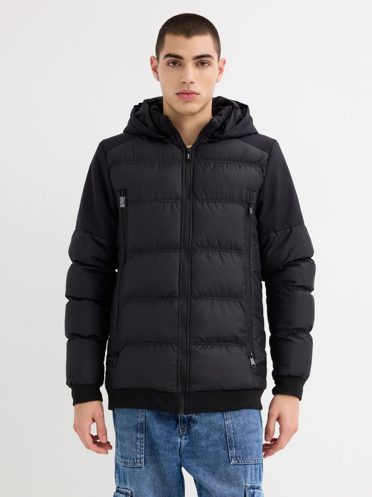 polyamide coat with long zippers black middle front view