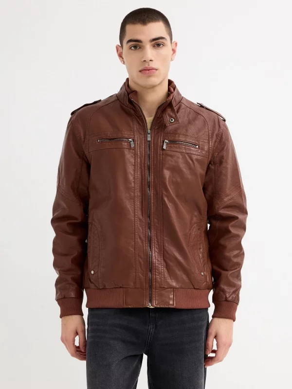 Black leather effect jacket brown middle front view