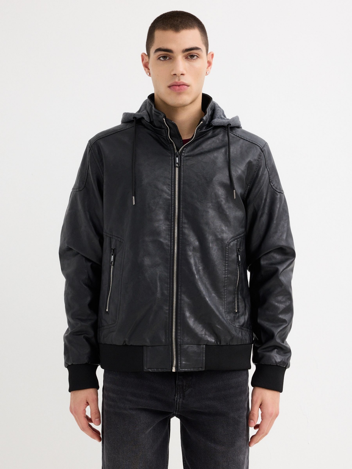 Leather-effect bomber jacket with hood black middle front view