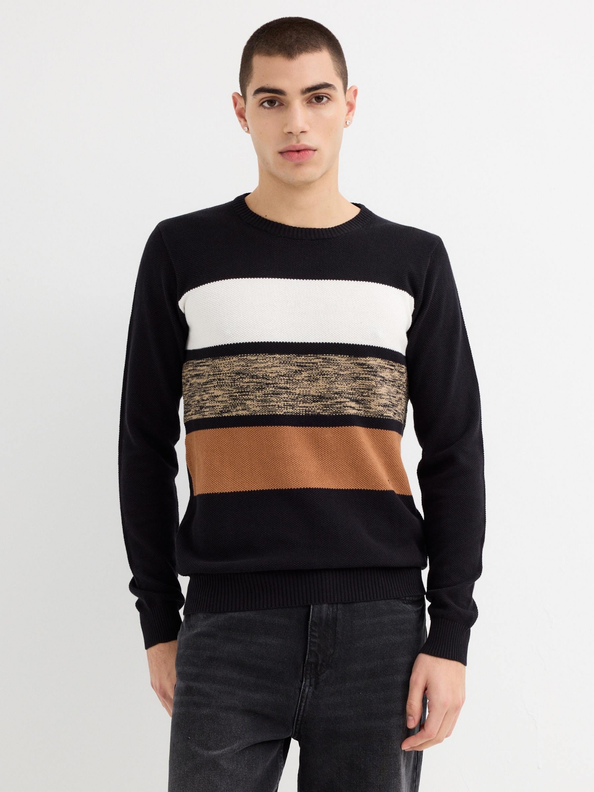 Striped knit sweater black middle front view