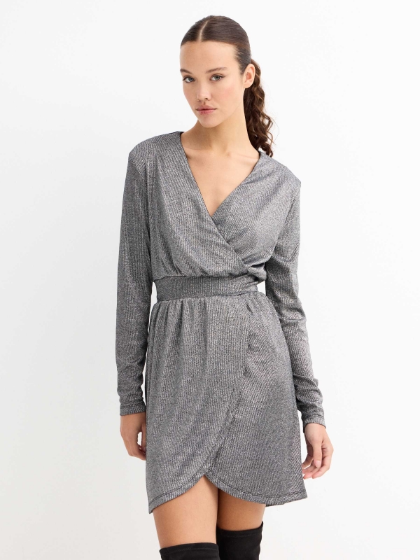 Long sleeve mini dress lurex grey three-quarter front view