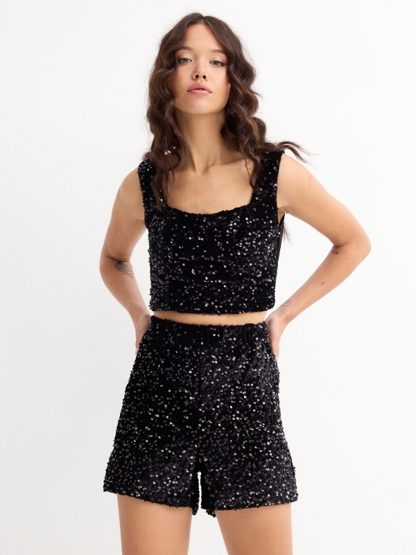 Sequin shorts black middle front view