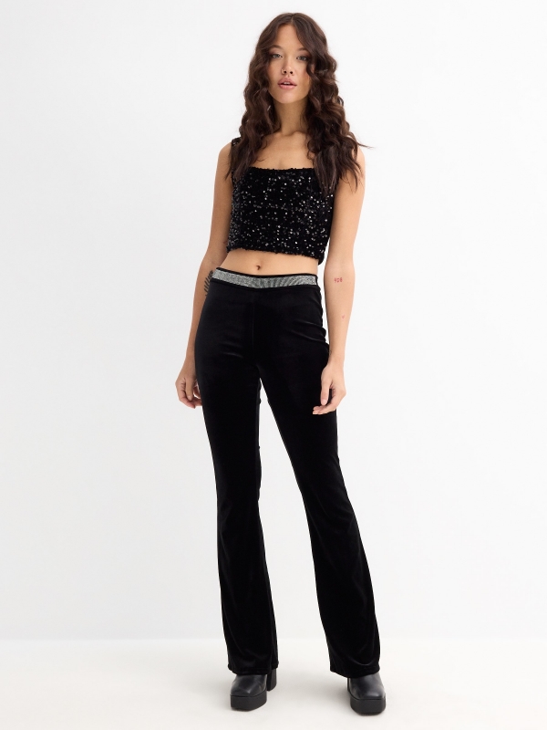 Black velvet flare leggings black general front view