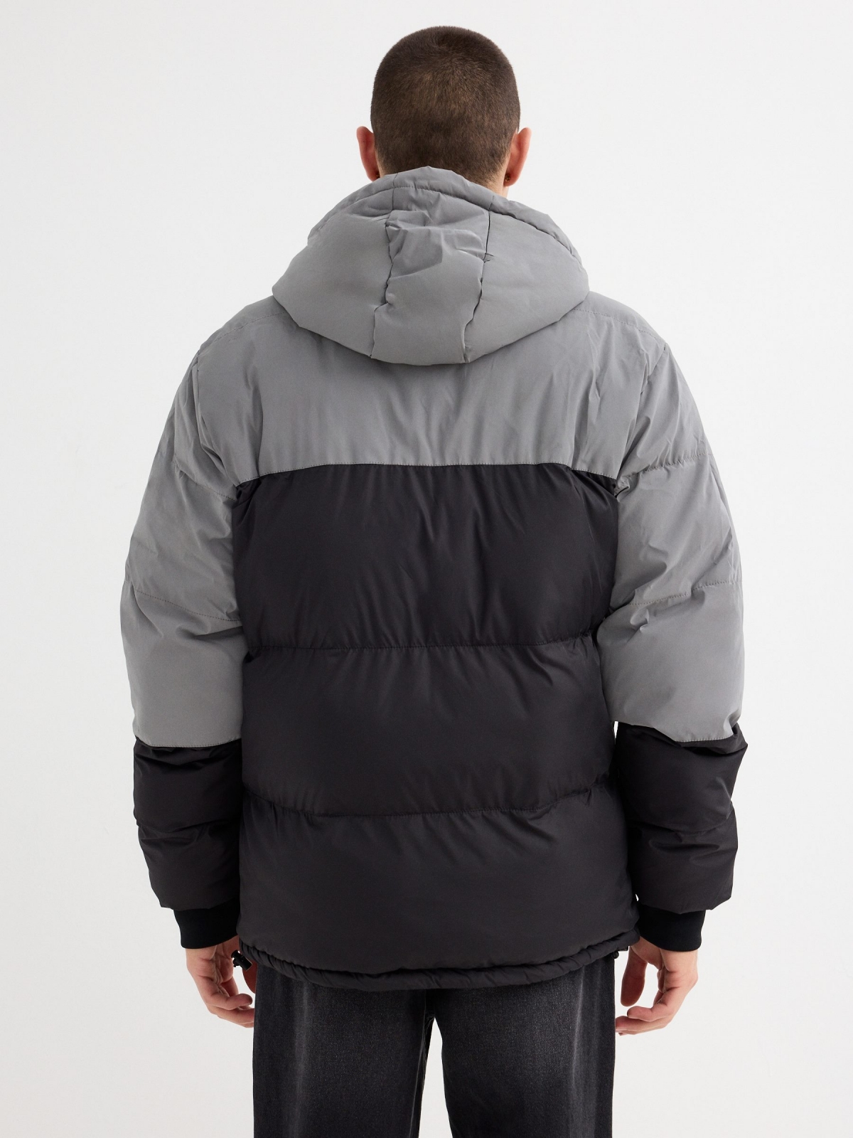 Two-tone padded jacket with hood black middle back view