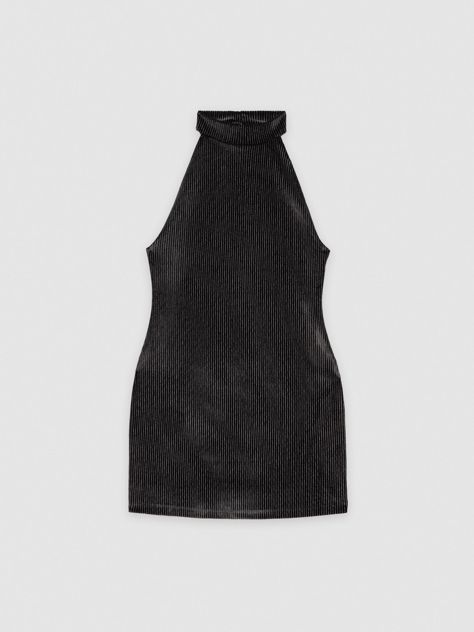 Vestido mini com halteres às riscas preto vista meia frontal