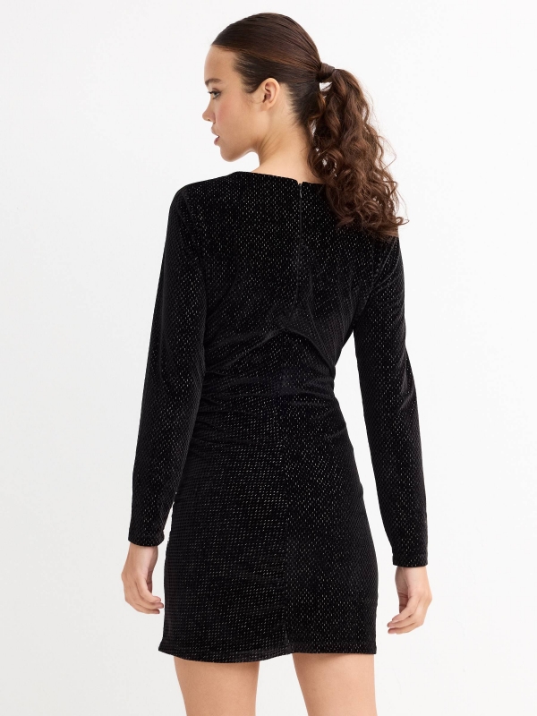 Mini velvet ruffled dress black three-quarter back view