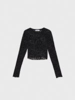 %Pto% T-shirt de tule com flores preto vista frontal
