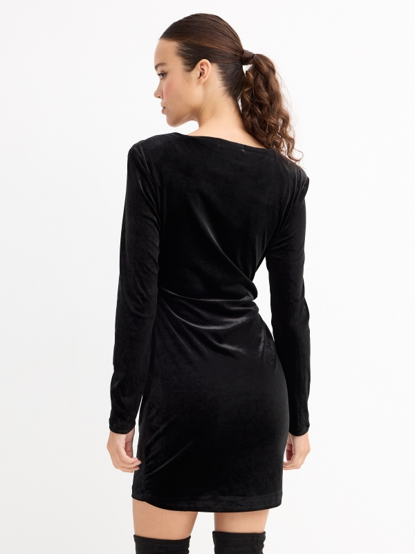 Draped velvet mini dress black three-quarter back view