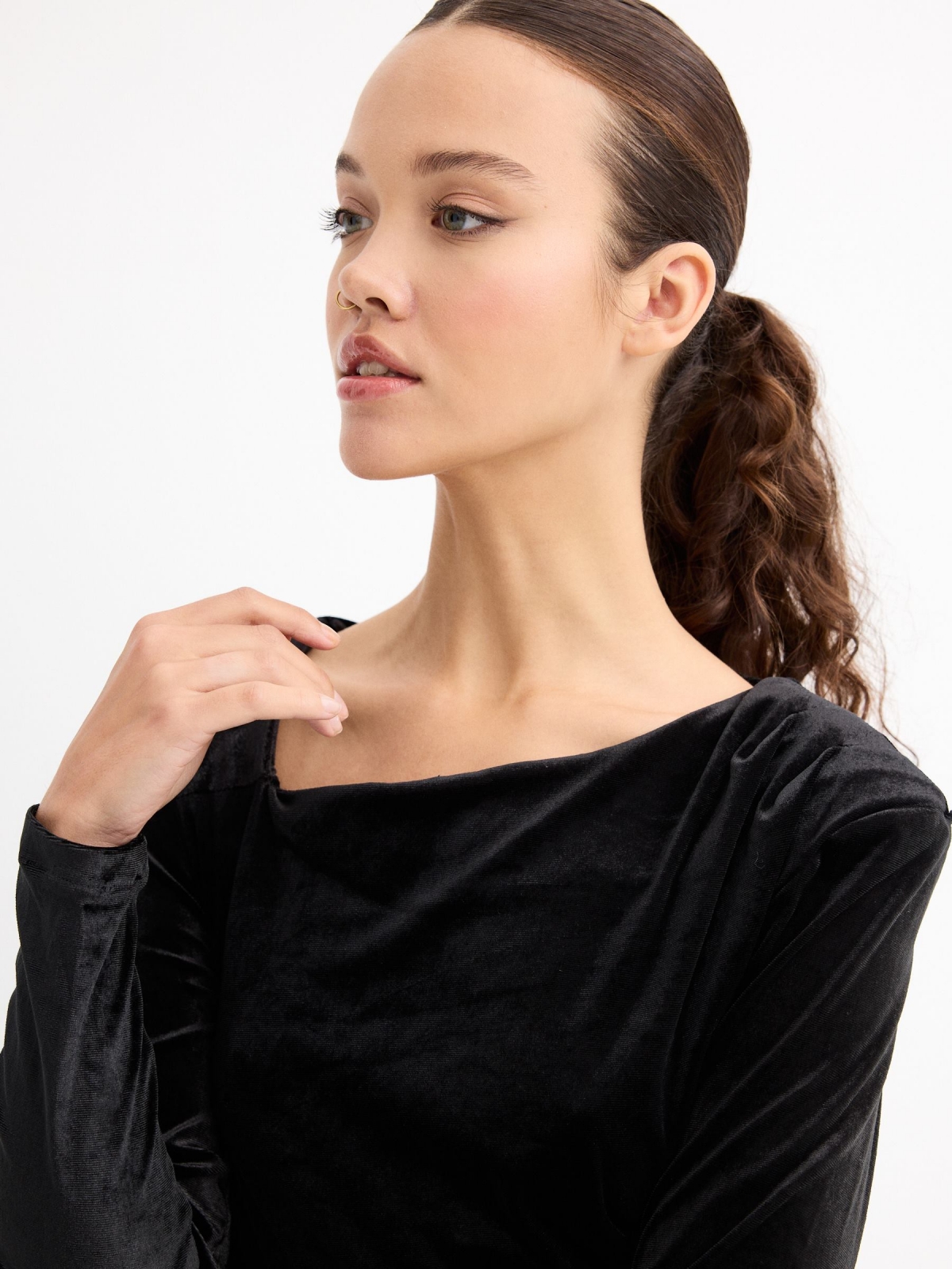 Draped velvet mini dress black front detail view