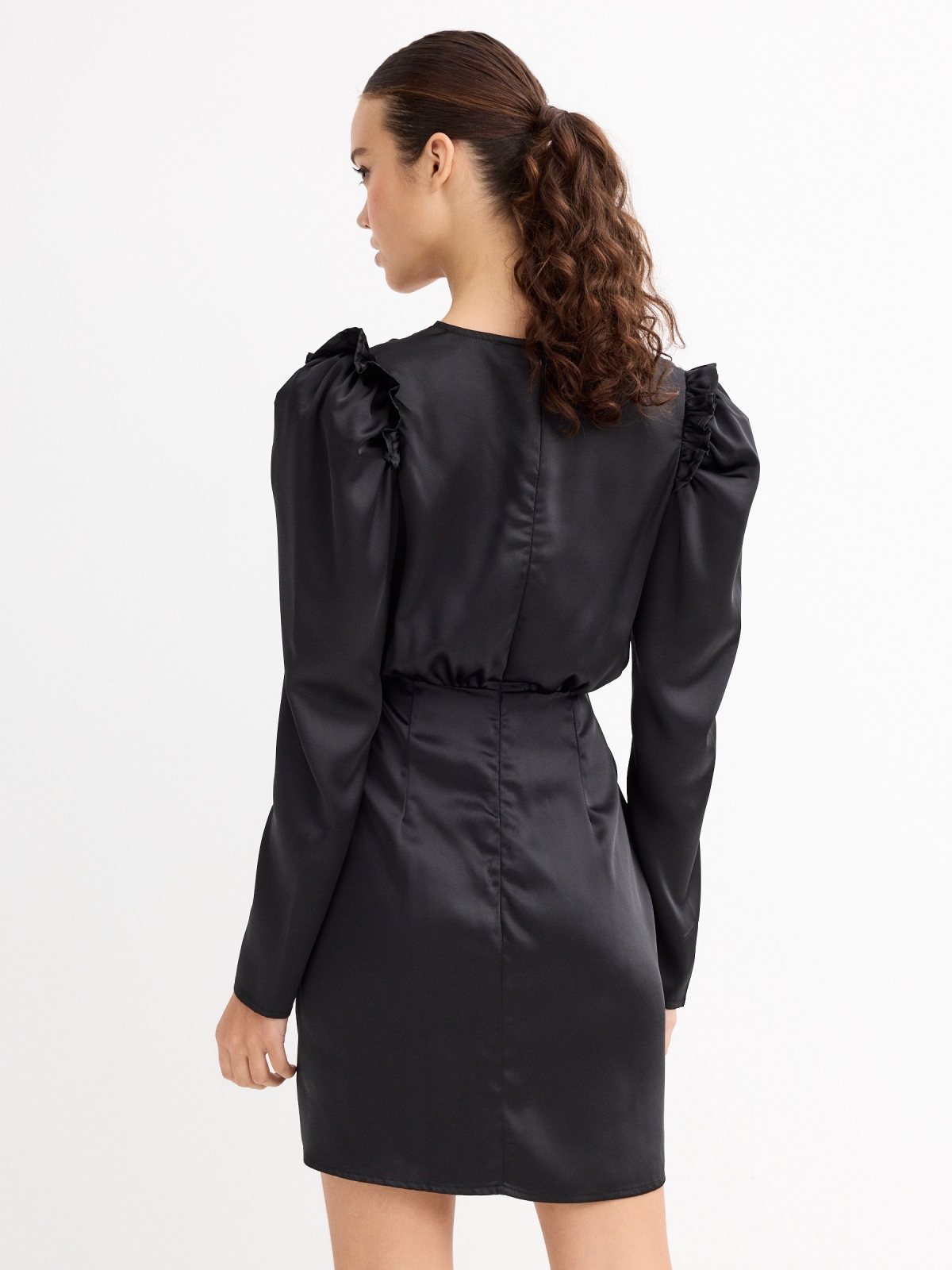 Mini dress with puffed sleeves black three-quarter back view