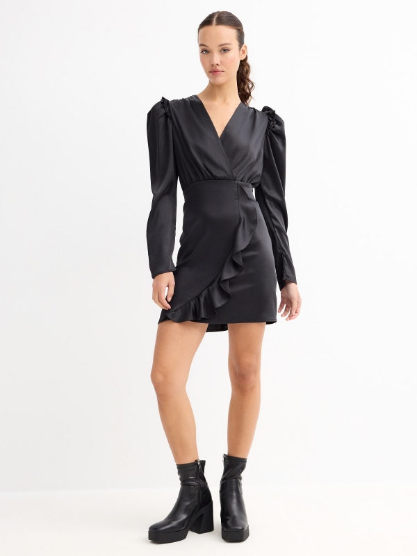 Mini dress with puffed sleeves black general front view