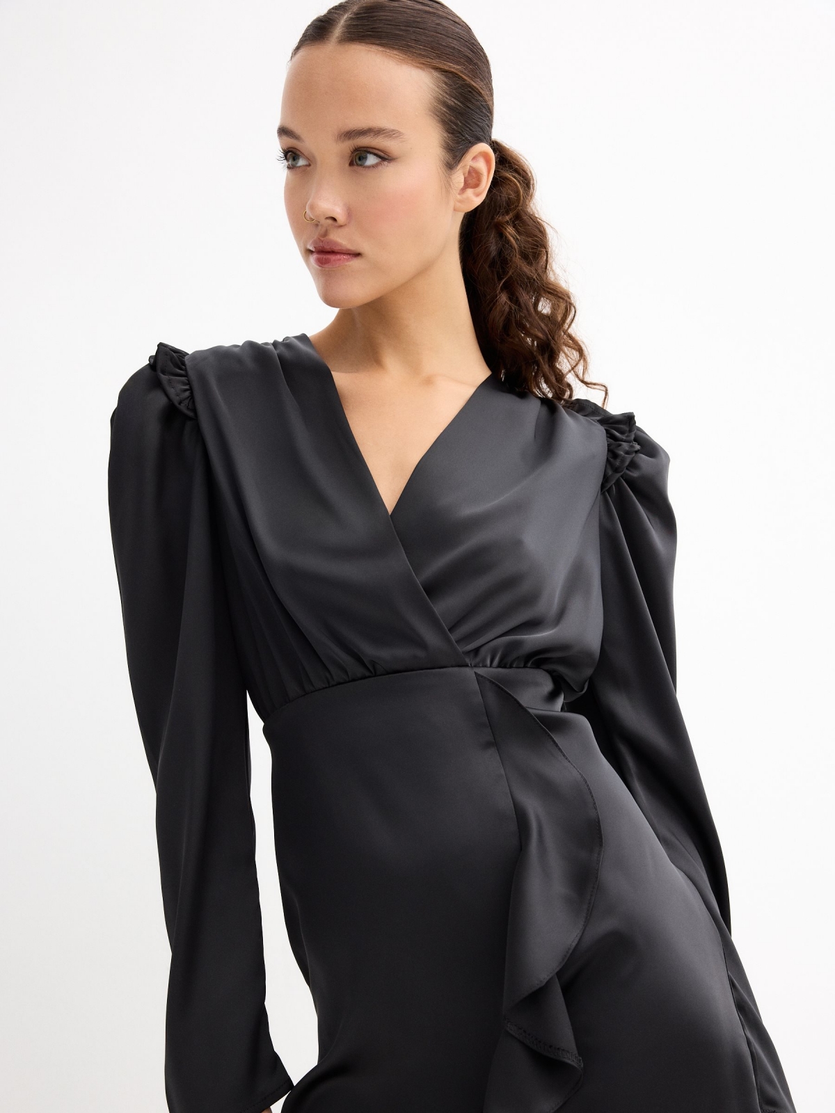 Mini dress with puffed sleeves black back detail view