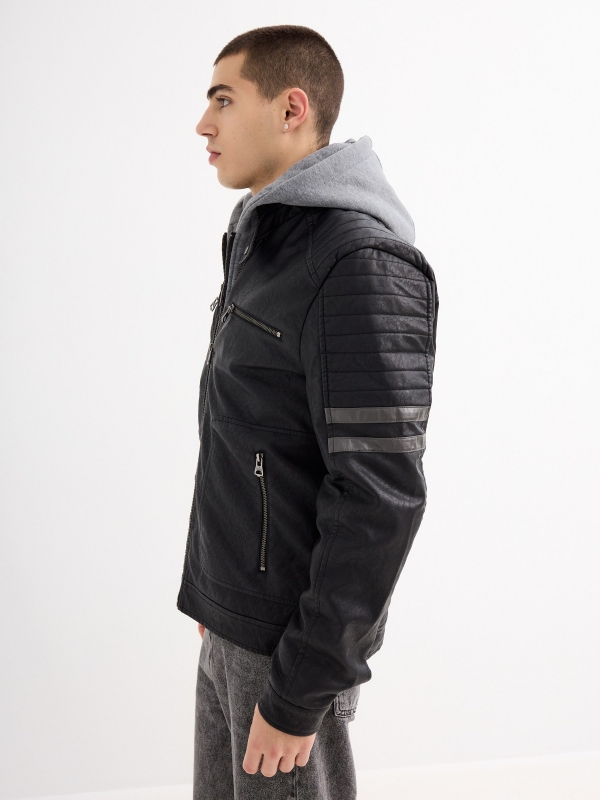 Combined hooded leatherette jacket black detail view