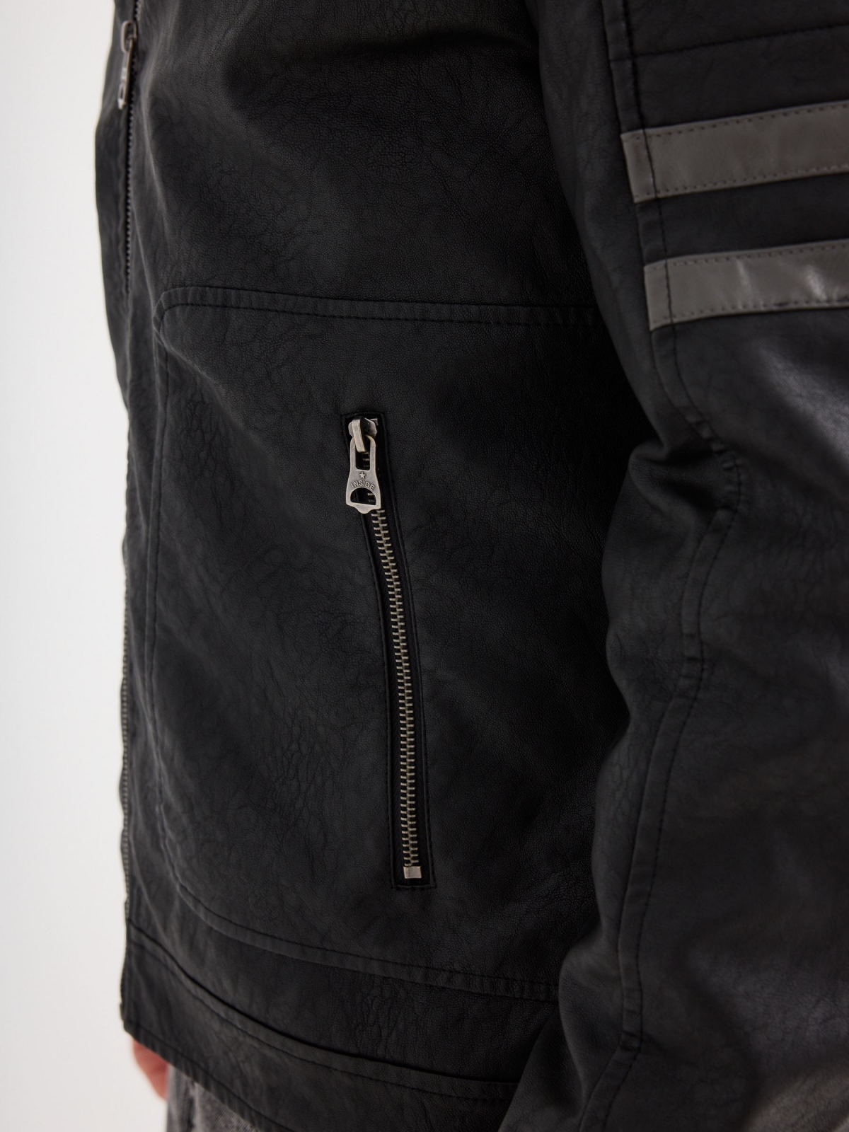 Combined hooded leatherette jacket black detail view