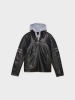 %Pto% Combined hooded leatherette jacket black front view