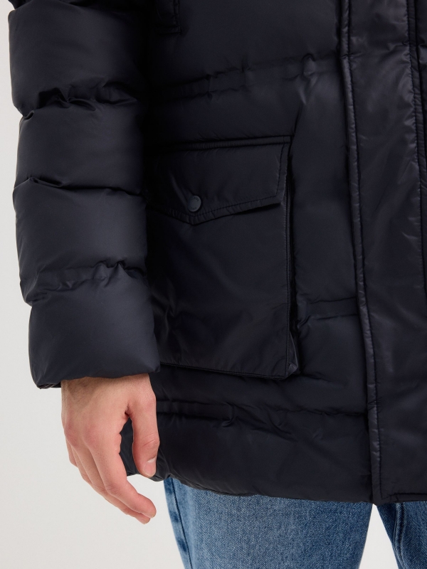 Hooded parka blue detail view