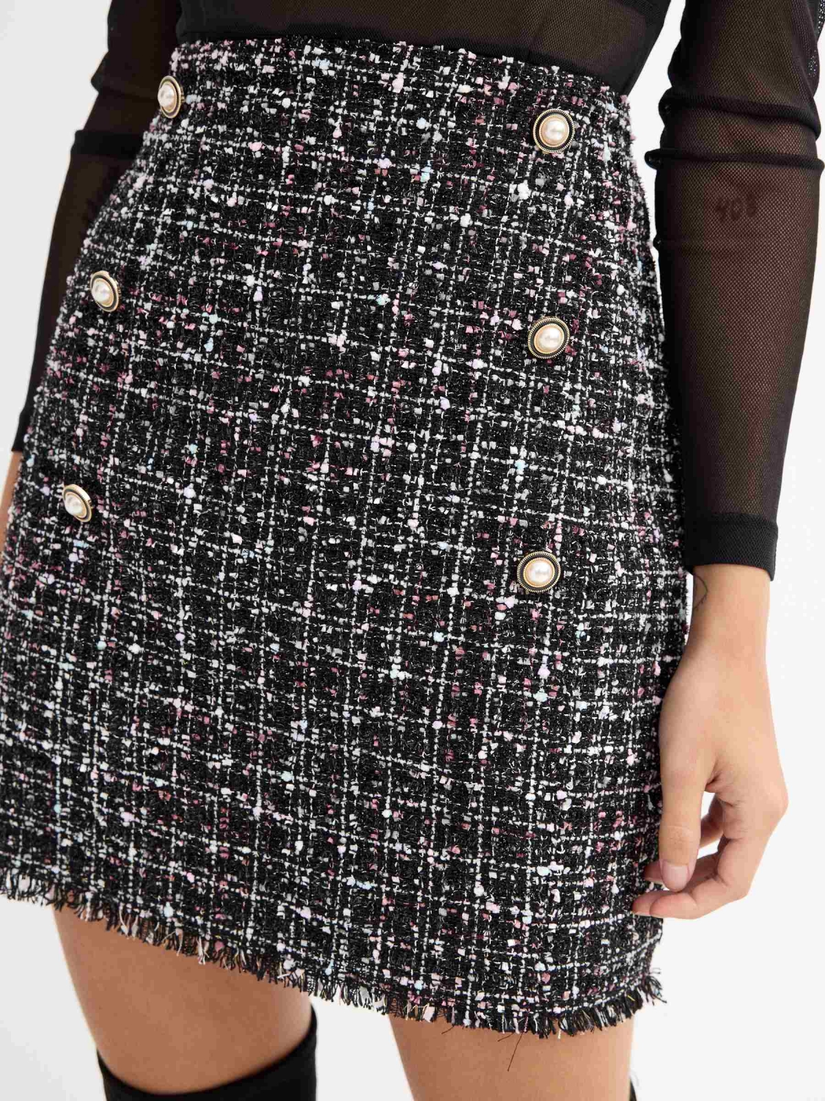 Falda mini jacquard con botones negro vista detalle frontal