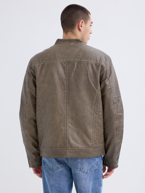 Leather effect jacket with zips brown middle back view