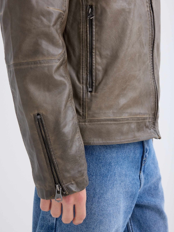 Leather effect jacket with zips brown detail view