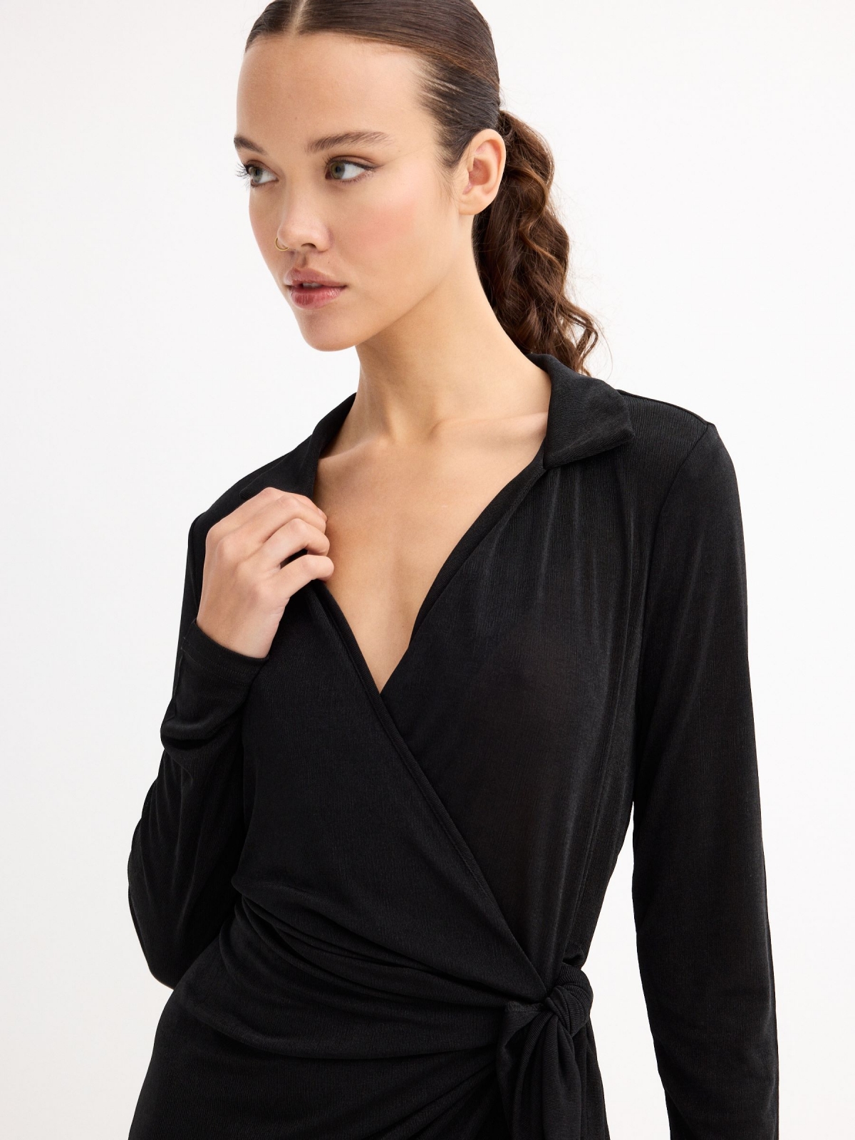 Draped satin dress black front detail view