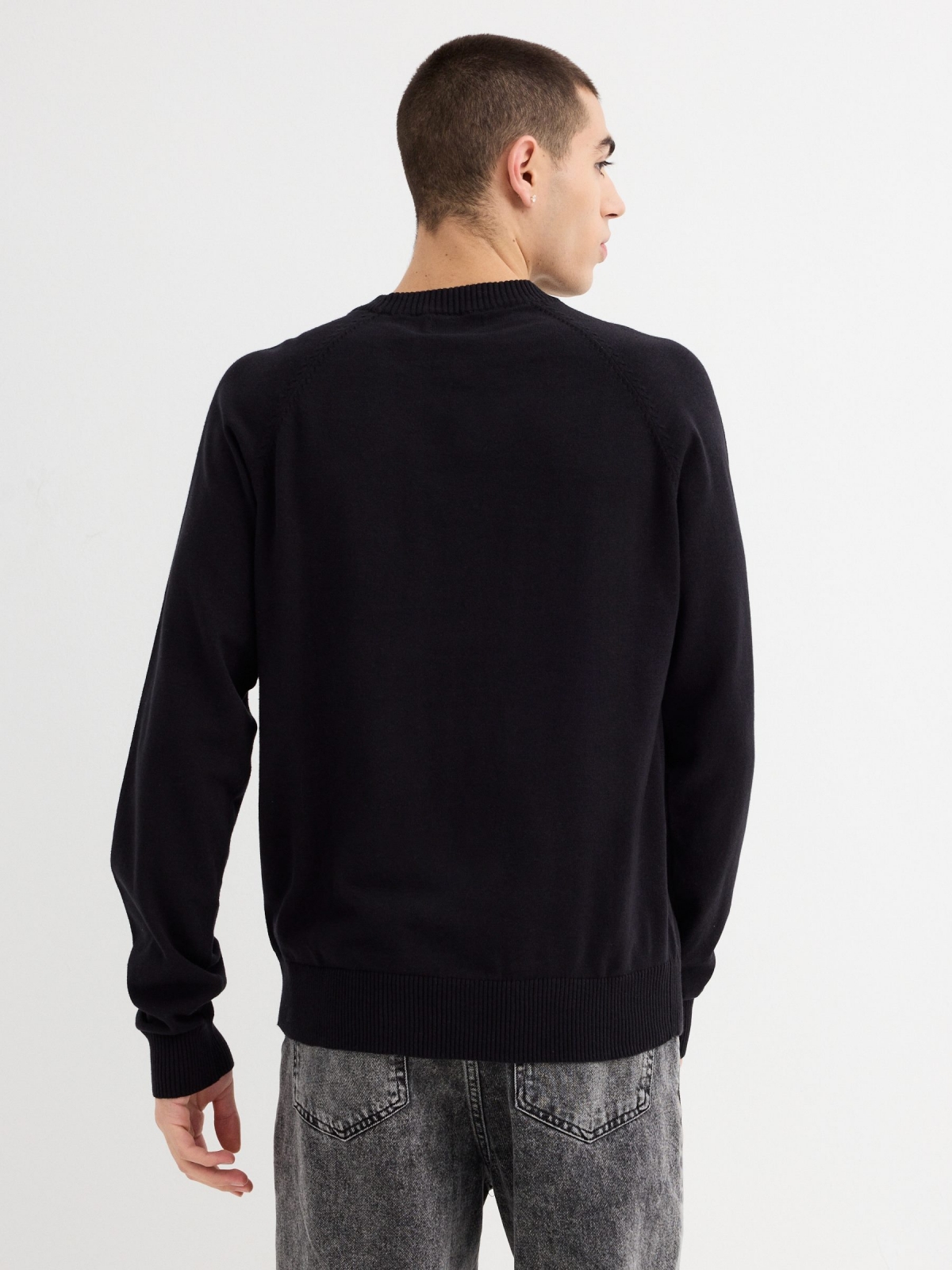 Plain sweater round neck black middle back view