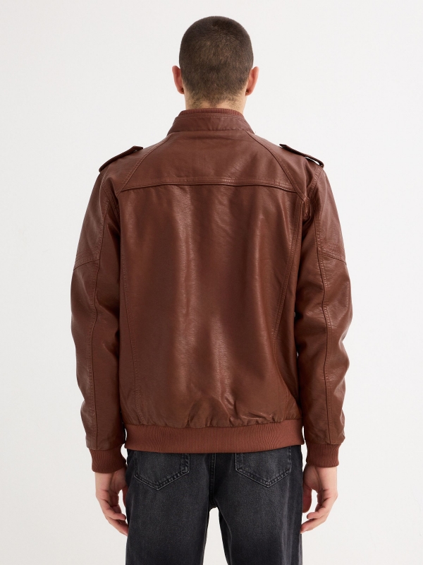 Black leather effect jacket brown middle back view