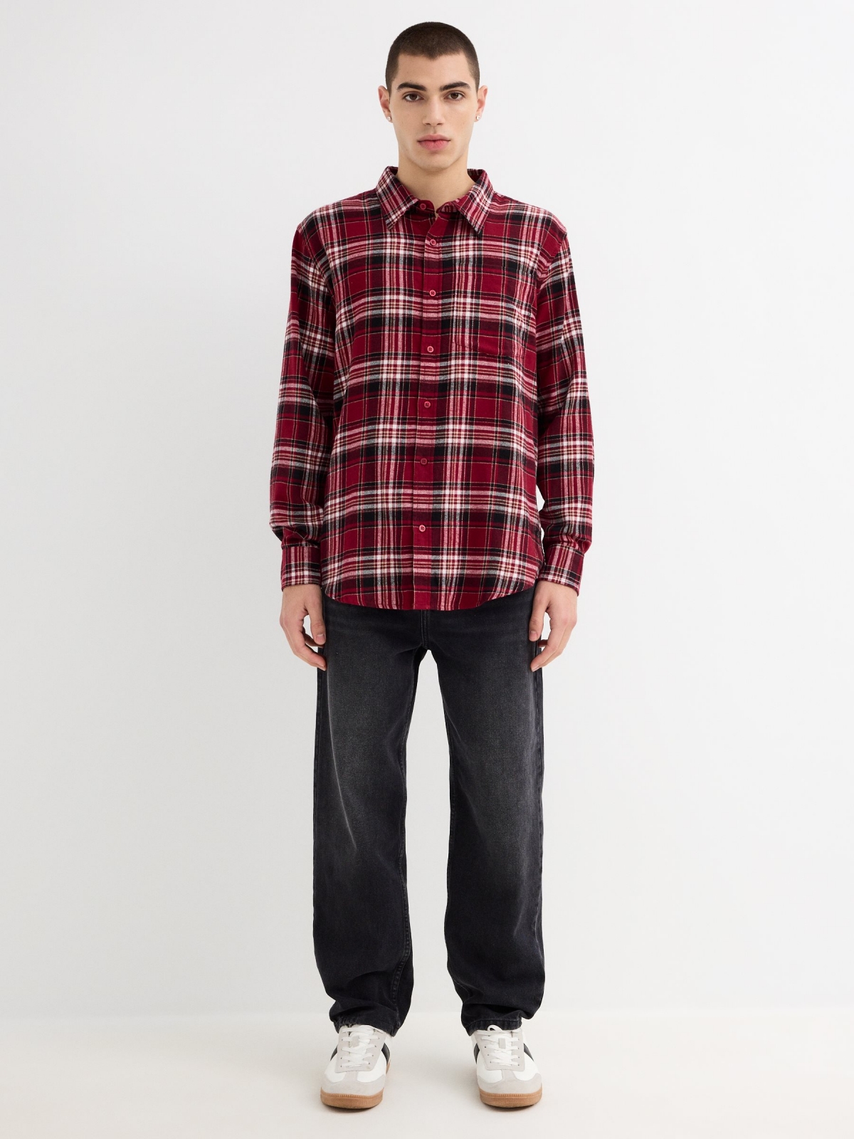 Red plaid flannel shirt red general front view