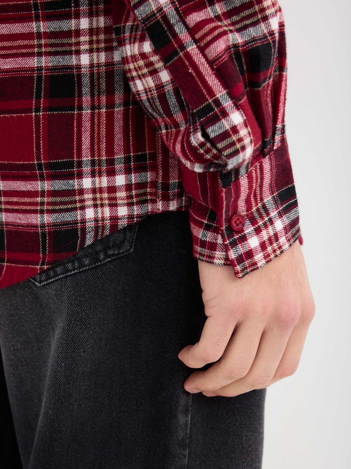 Red plaid flannel shirt red detail view